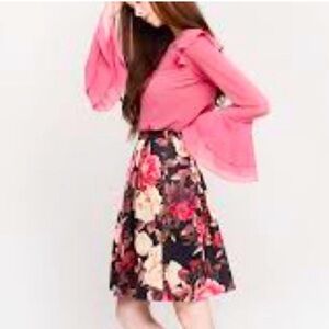 Flower Skirt Black Multicolor Statement Belt Bright Rose Pink Yellow Gold Size 8